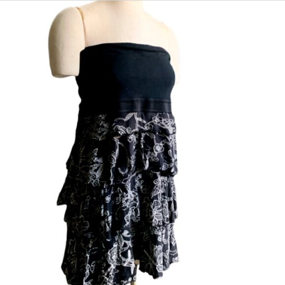Express Strapless/Tube Dress Floral Ruffle Tiered Skirt L Black #50i - Picture 4 of 9
